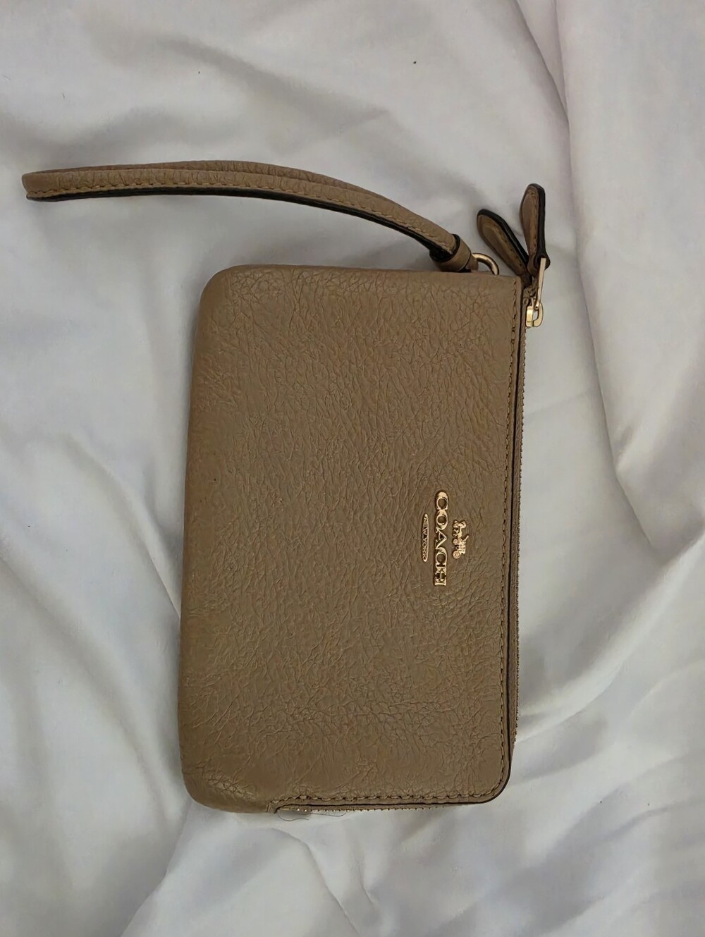Coach Taupe Pebbled Leather Double Zip Wristlet Wallet